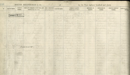 Birth registration, Town of Burlington, 1896 