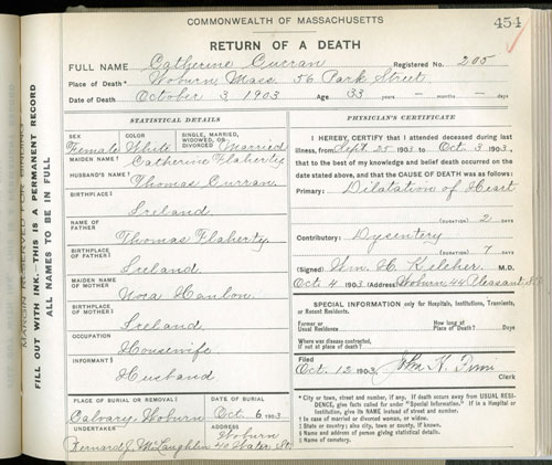 Death registration, Town of Woburn, 1903 