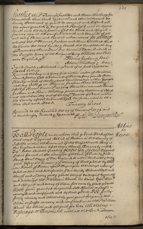 Suffolk County Deeds volume, 1701 