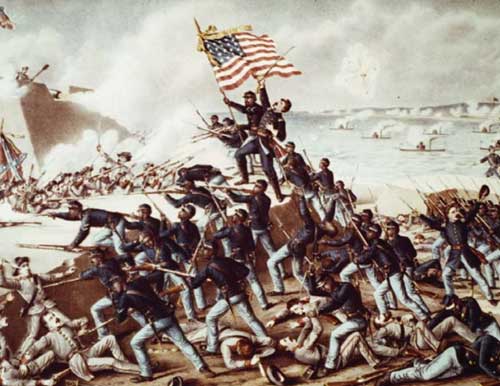 Illustration of a civil war battle with American flag