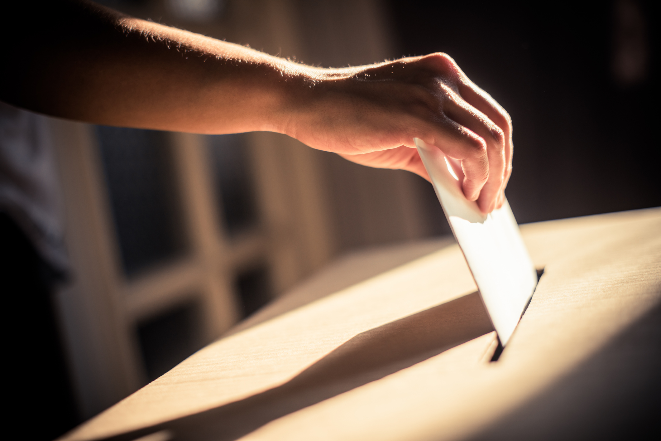 Person dropping a ballot into a box.