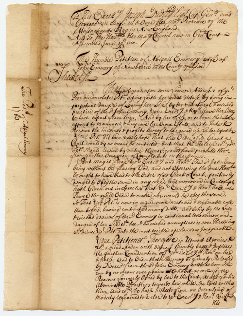 Petition of Abigail Emmery requesting a divorce, 1710