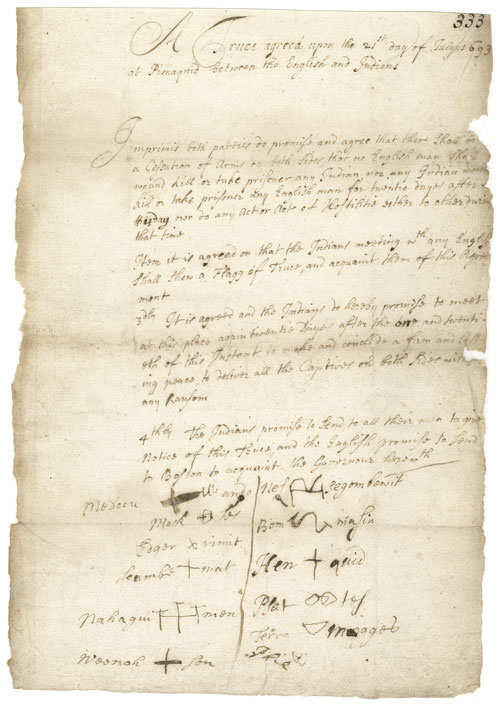 A truce agreed upon the 21st day of July 1693 at Pimaquid between the English and the Indians, taken from the Massachusetts Archives Collection, volume 30 