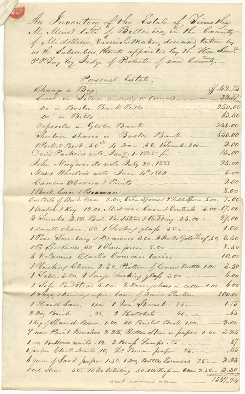 Middlesex County Probate file, inventory of Timothy Minot, 1838 