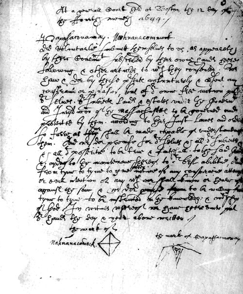 Agreement signed by Nahnaacomoc and Passaconaway, June 12, 1644, taken from Massachusetts Archives collection, volume 30 