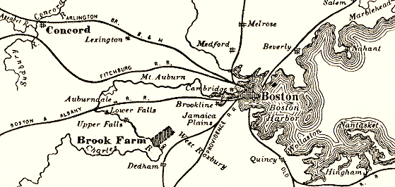 Map of the Greater Boston area, including Brook Farm