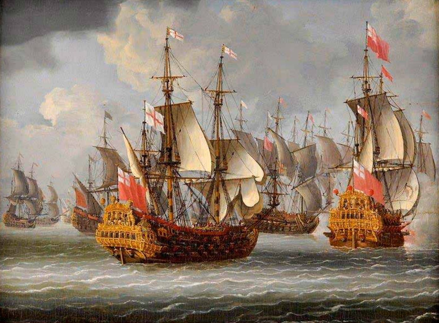 A painting of warships at sea