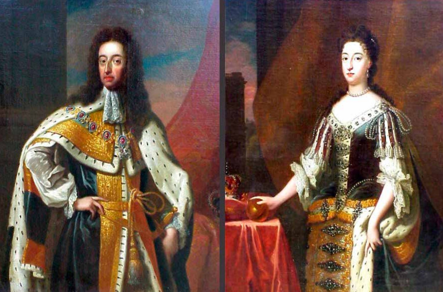 Looking impossibly smug in these portraits, King William and Queen Mary agreed to serve as constitutional monarchs with limited powers after the 1689 overthrow of King James II. Their reign was welcomed by most Massachusetts colonists. 
- Hampton Court Palace