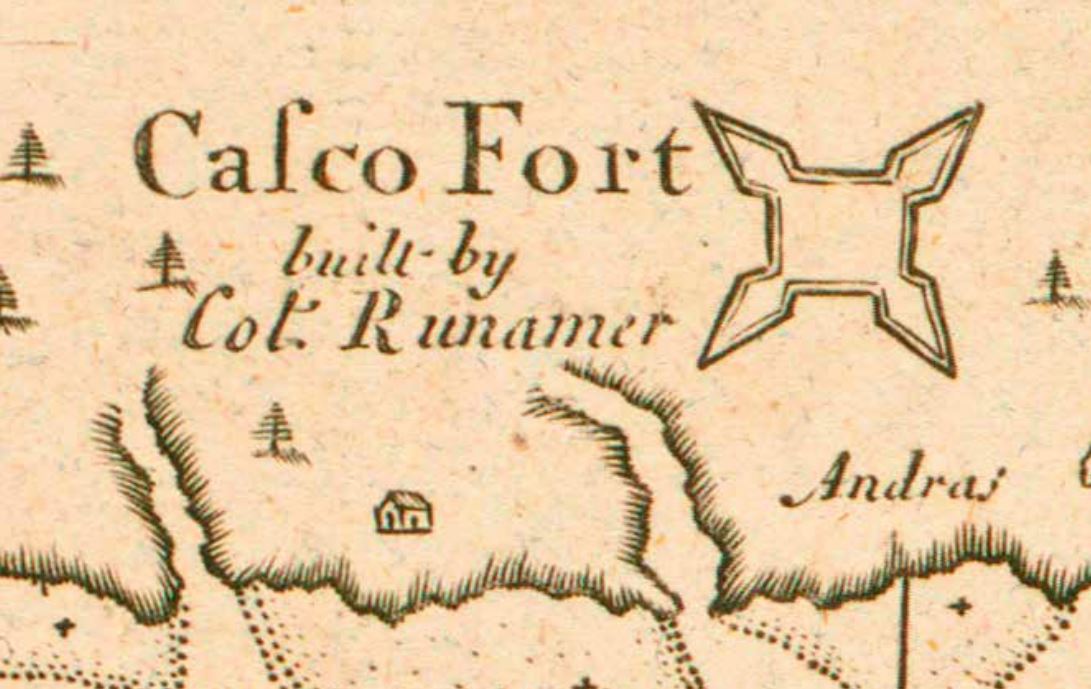 Detail from a 1720 map by Cyprian Southack showing Colonel Romer’s name, highlighting his various projects and contributions in Maine.