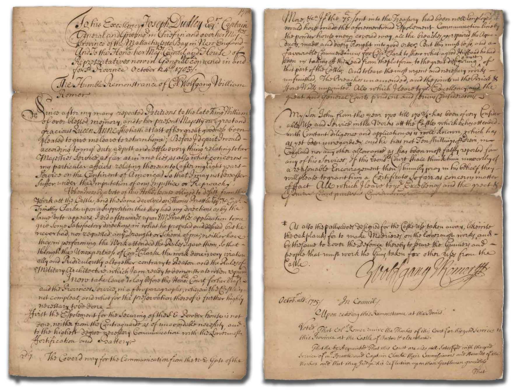 Exit interview excerpt from Massachusetts Archives. Romer criticizes fort construction under Captain Clarke, calling it irrational and contrary to military architecture rules. Despite this, the colony’s council thanks both Romer and Captain Clarke.