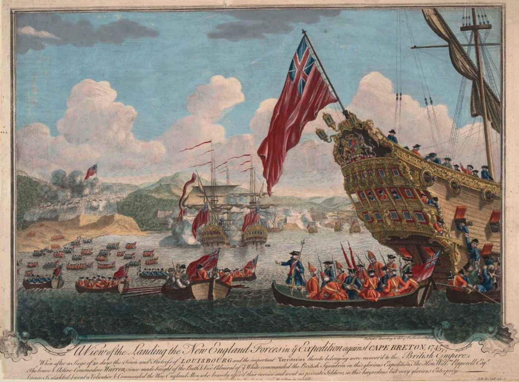 An illustration of Brittish warships and soldiers performing an amphibious assault