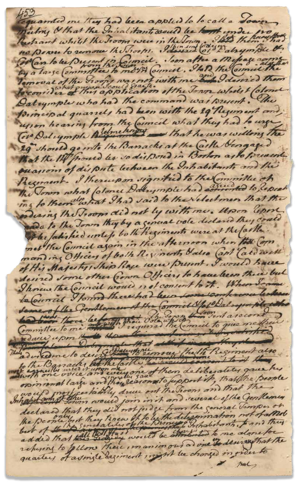 Historical document describing the withdrawal of the 29th Regiment to Castle Island to prevent disputes with local inhabitants, as decided by Colonel Dalrymple and the council.