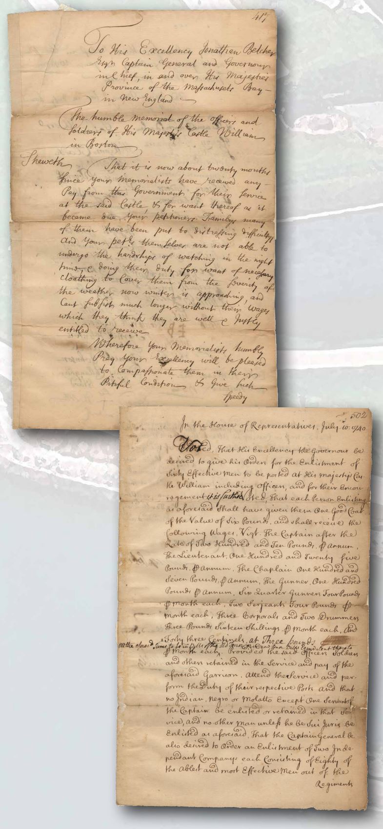 Excerpt from a 1732 petition to Governor Jonathan Belcher, highlighting the lack of pay for service at the castle and the resulting hardships faced by families.
