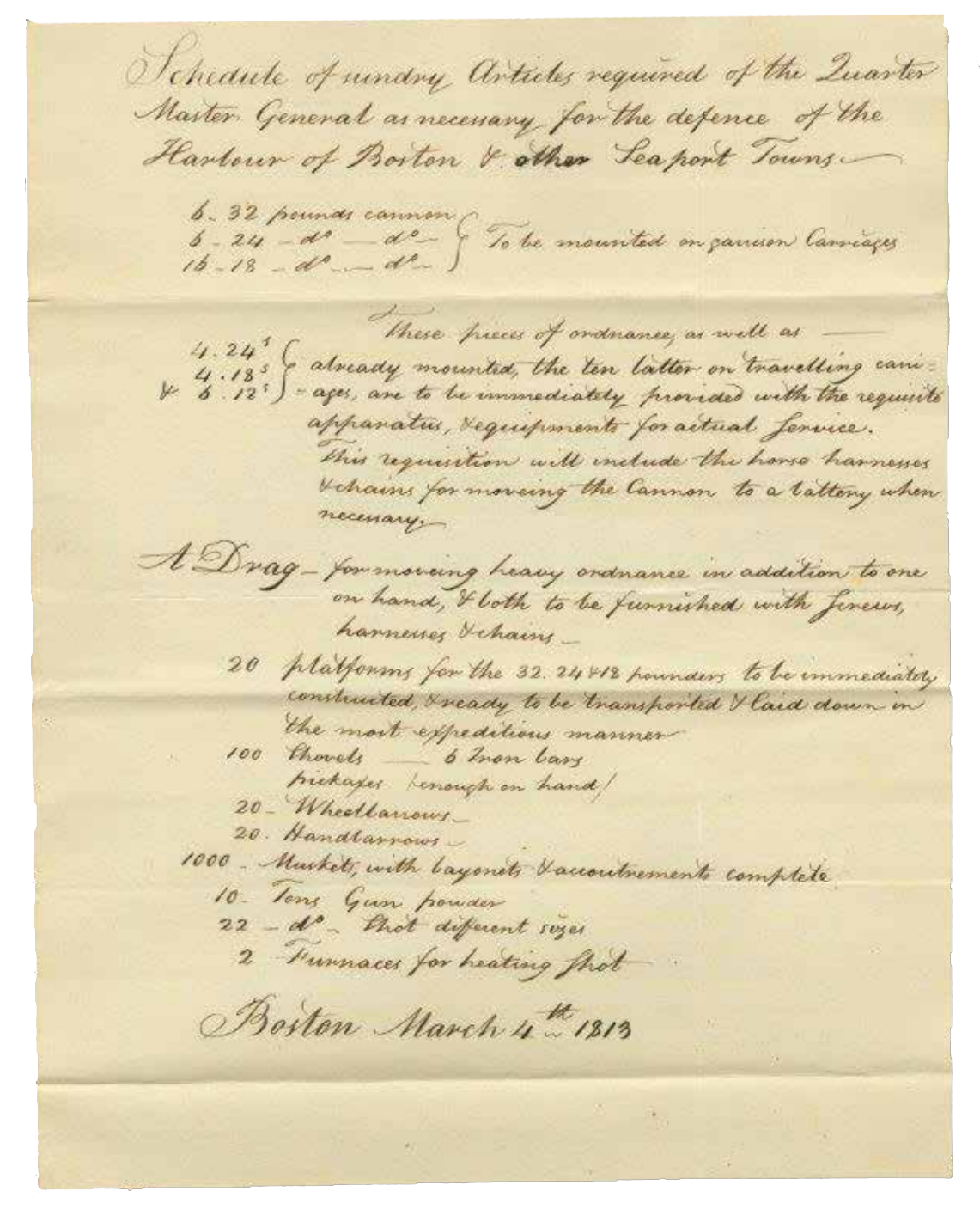 A photo of a letter of a partial list of armaments for 
coastal defense during the War of 
1812. Massachusetts Archives
