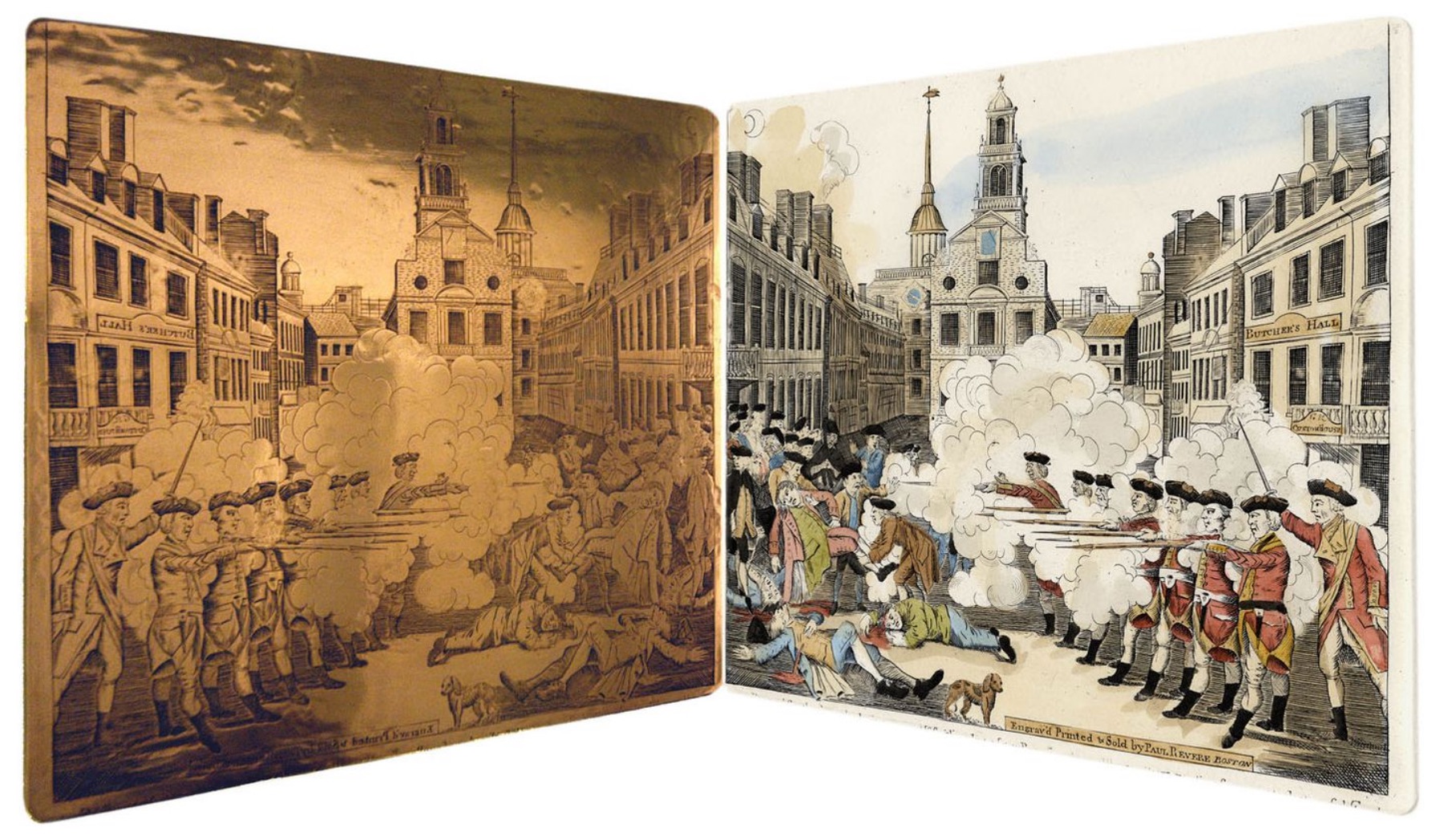 Paul Revere’s copper engraving plate used to create the famous image of the Boston Massacre. The plate is displayed in a glass case within the Commonwealth Museum Treasures Gallery, showcasing intricate details of the engraving. This item is part of the Massachusetts Archives.