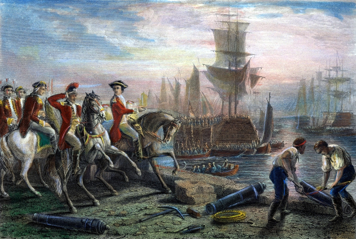 A historical painting illustrating Lord Howe’s organization of the British evacuation of Boston in 1776. The painting highlights the strategic actions taken by rulers and leaders during this significant event.
