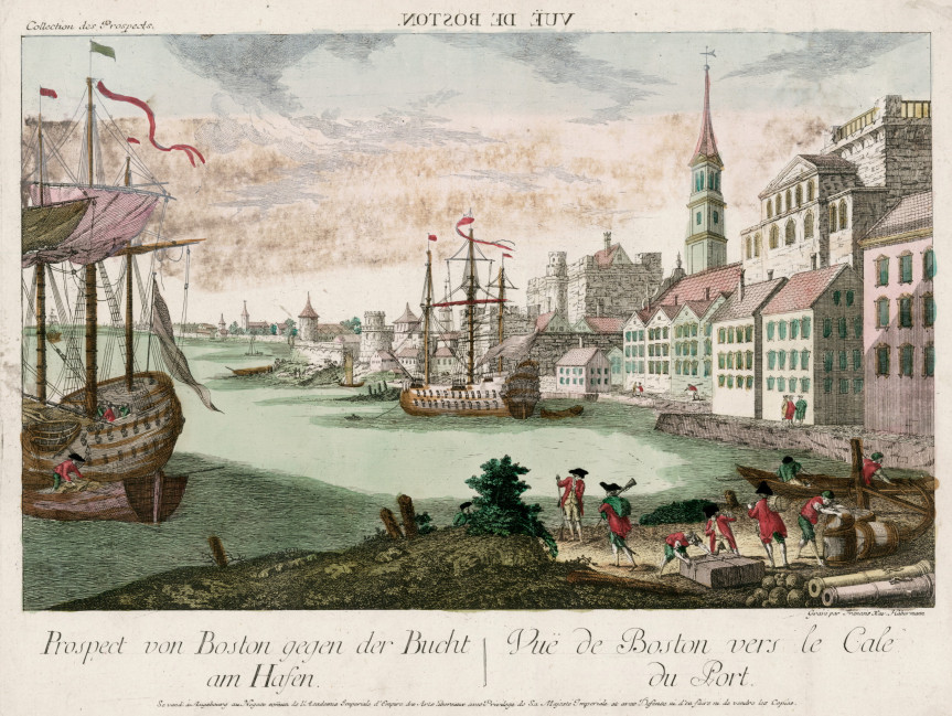 A fanciful eighteenth-century view of Boston Harbor, showing ships in the harbor with the city in the background. The image is part of the Library of Congress collection.