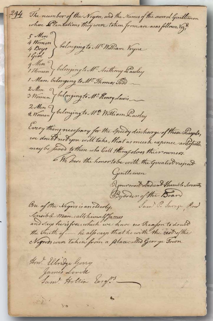 Document listing names of plantation owners and the number of slaves from each location. Includes a note about an elderly man named James who claims to be free.