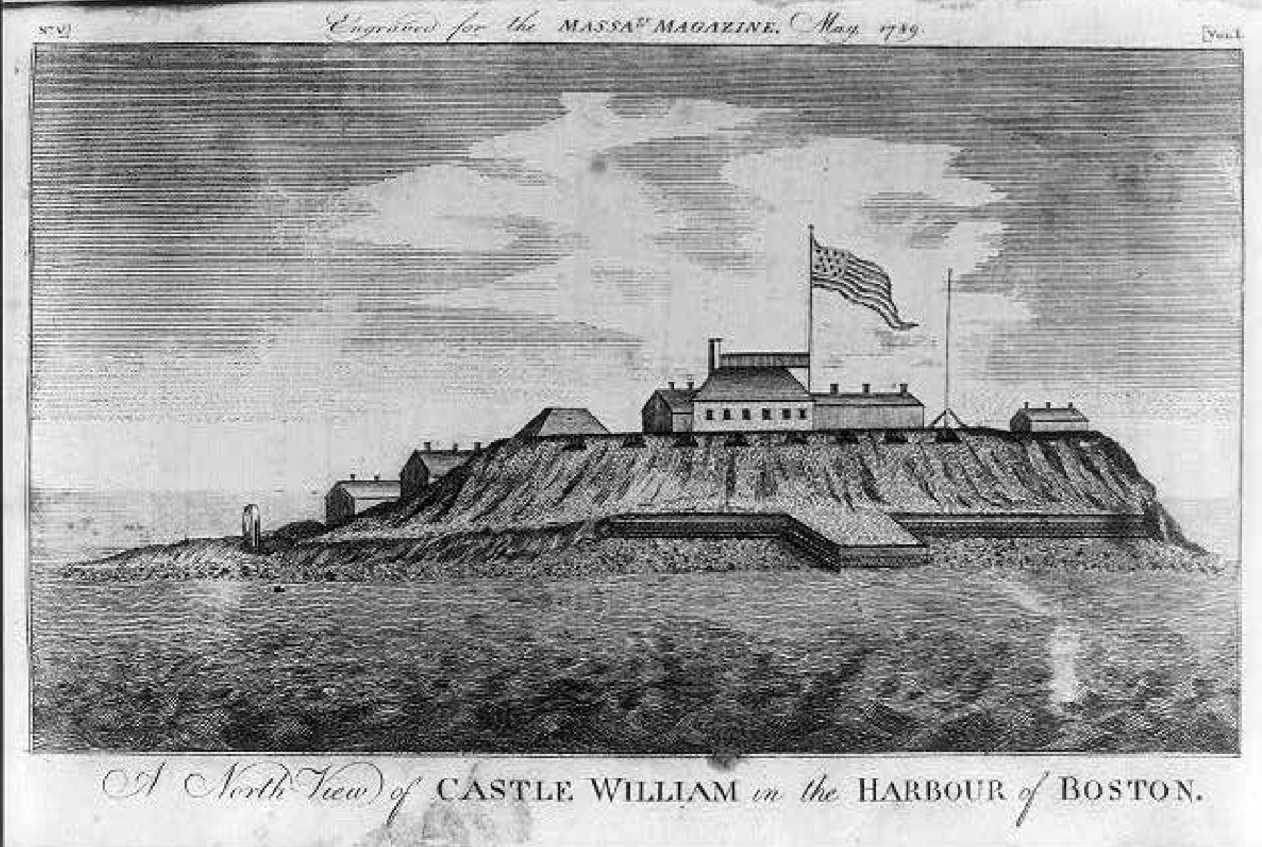 Illustration of Castle Island during the American Revolution, featured in the Massachusetts Magazine, 1789. The island is shown with a fortification, likely Fort Independence, which has walls and cannons positioned along the perimeter. The surrounding waters are calm, and there are a few small boats or ships nearby, indicating its strategic importance. The landscape includes some trees and vegetation, giving a sense of the natural environment around the fort.