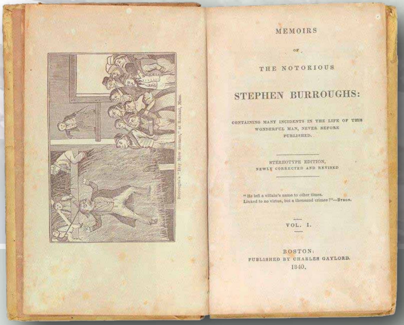A photo of an old book with an illustration and a title that reads "Memoirs, the notorious Stephen Burroughs".