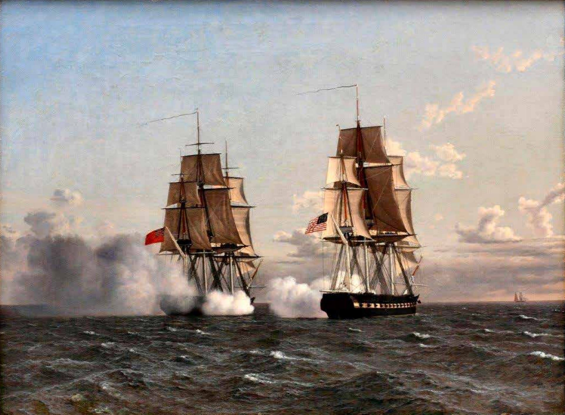 A painting entitled: H.M.S. Shannon and U.S.S. Chesapeake, Randers Art Museum