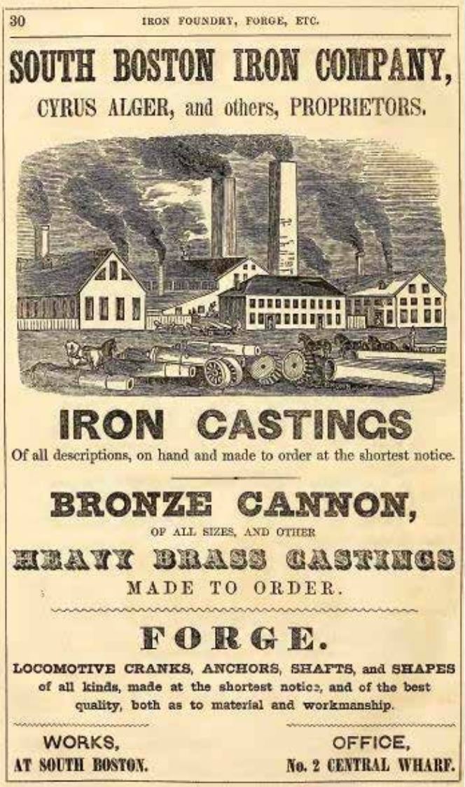 Ad for Alger’s Iron Works in South Boston from the Boston City Directory, 1848-49.
