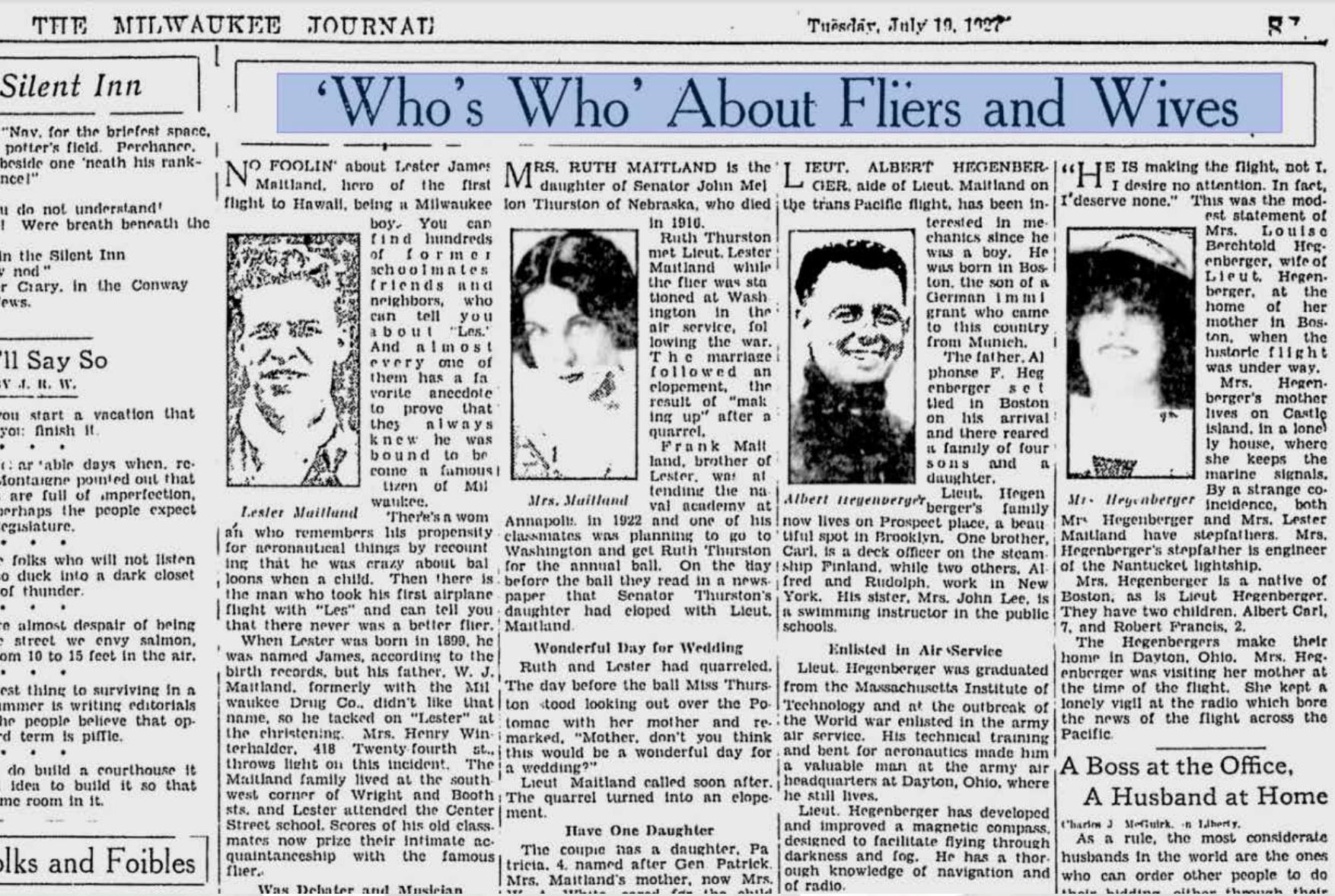 Newspaper with a story titled "Who's who About Fliers and Wives"  complete with photos of Hegenberger’s wife and two sons