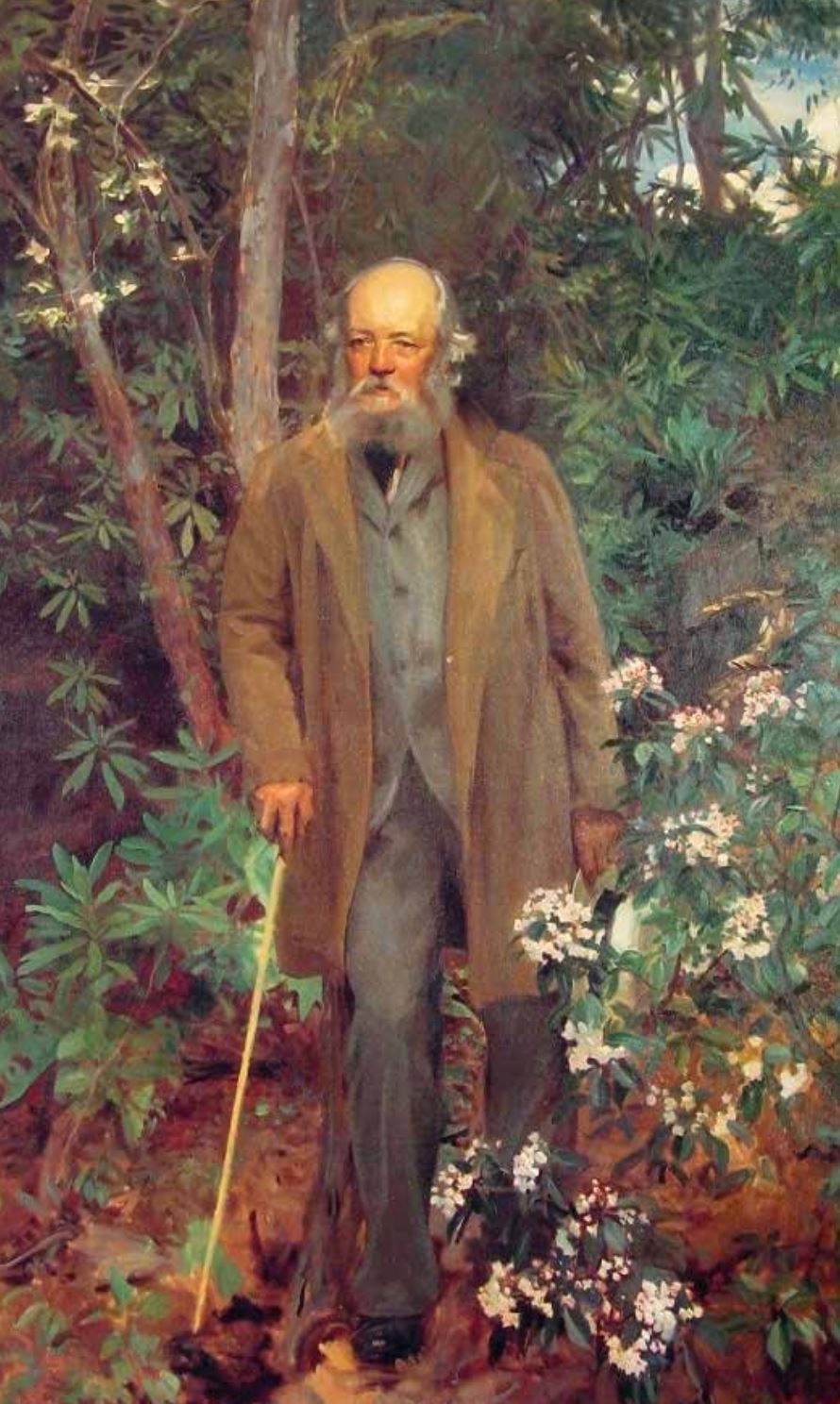 A painting of Frederick Law Olmsted walking in a garden. 