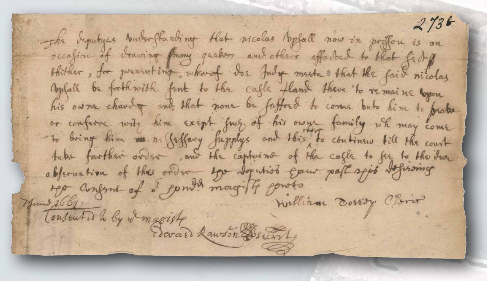Historical document from 1661 detailing the imprisonment of Quaker Nicholas Upsall by the Puritan colony, highlighting the intolerance of religious dissent and the conditions of his confinement on Castle Island, as recorded in the Massachusetts Archives.