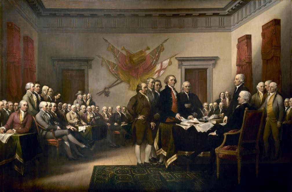 Painting by John Trumbull depicting the committee of five presenting their work to John Hancock Painting by John Trumbull depicting the committee of five presenting their work to John Hancock.