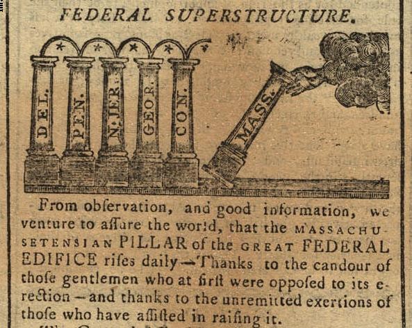 Political cartoon showing Massachusetts ratifying the Federal Constitution.