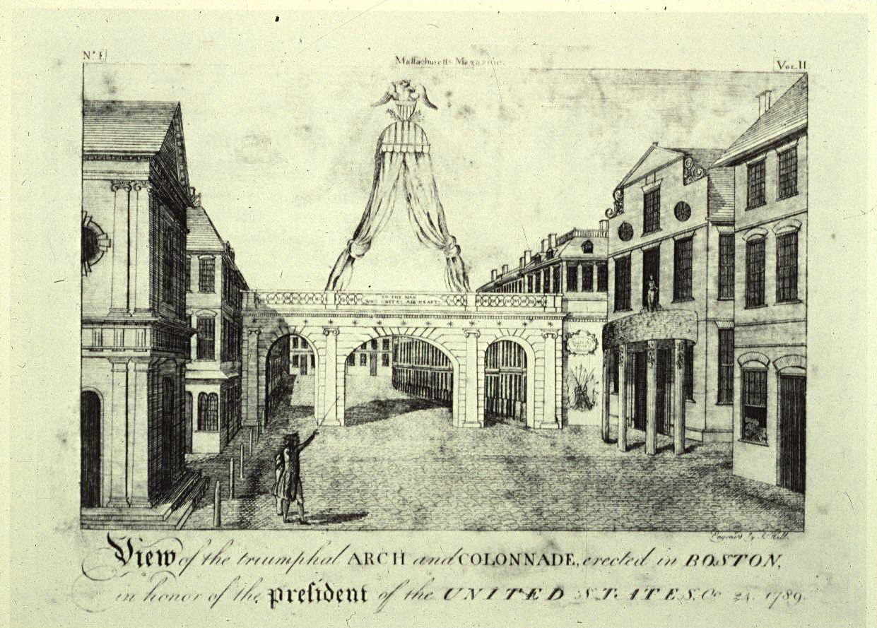 Engraving depicting the Triumphal Arch and Colonnade on Washington Street.