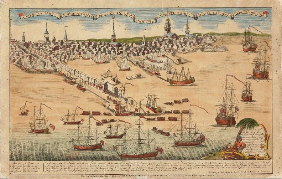 A copper-plate engraving by Paul Revere depicting the landing of a large number of troops in Boston.
