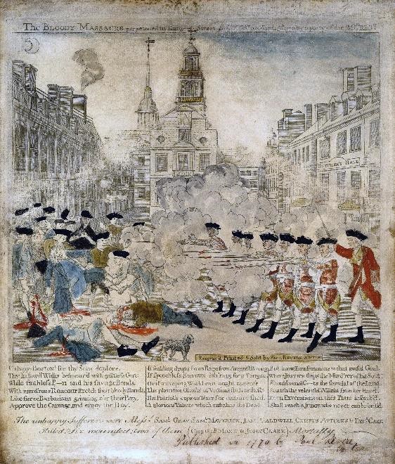 The Boston Massacre, 1770, engraved by Paul Revere.