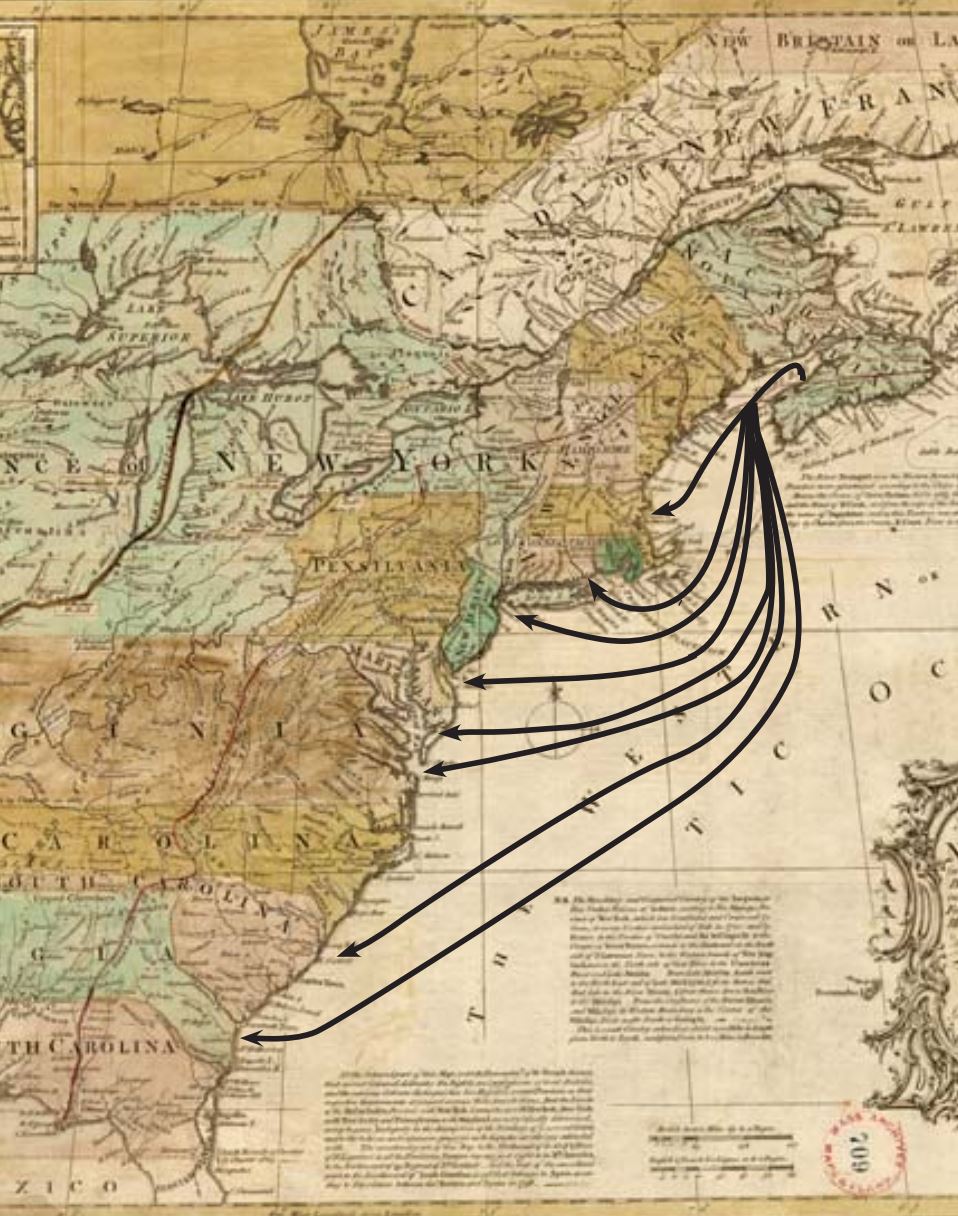 Map of North America, 1755, showing the destinations of deported Acadians in 1755 and 1756. Massachusetts Archive.