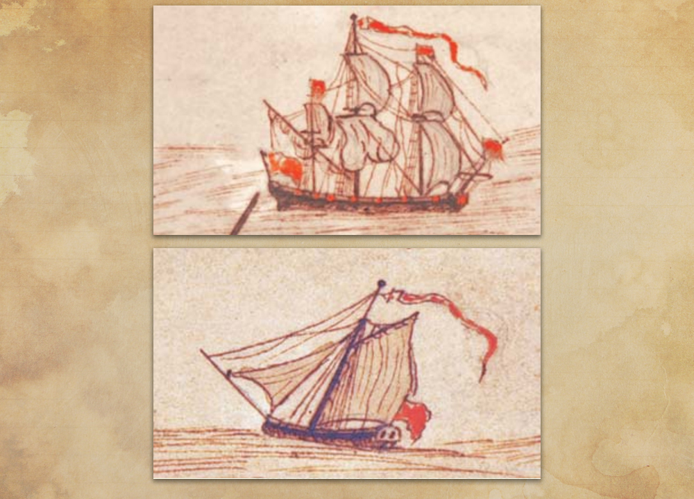 Eighteenth-century ships from a contemporary map of Bermuda, showing two styles used to transport Acadians to the American colonies: a snow and a sloop. Courtesy of the Hart Nautical Collection, MIT.