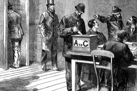 A vintage drawing of men voting and one seems upset. 