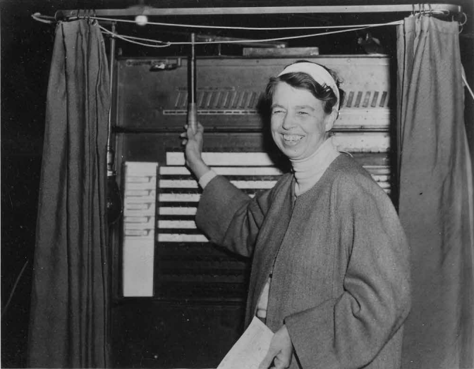The voting machine used by Eleanor Roosevelt was mechanical, not electric. While there was no controversy, a broken “tooth” on a gear inside the machine could produce an inaccurate count. 