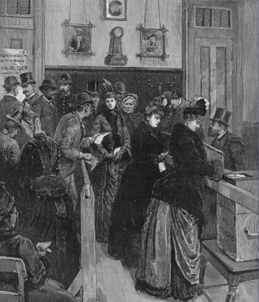 A drawing of Women voting. In a partial victory, 
Massachusetts women were 
allowed to vote in school 
committee elections in 1879. 
Library of Congres