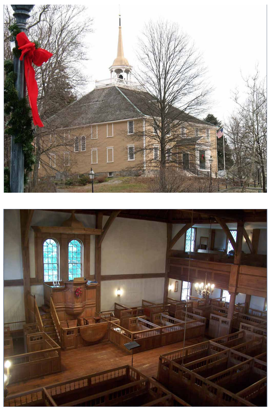 Outside and inside view of Hingham’s Old Ship Church