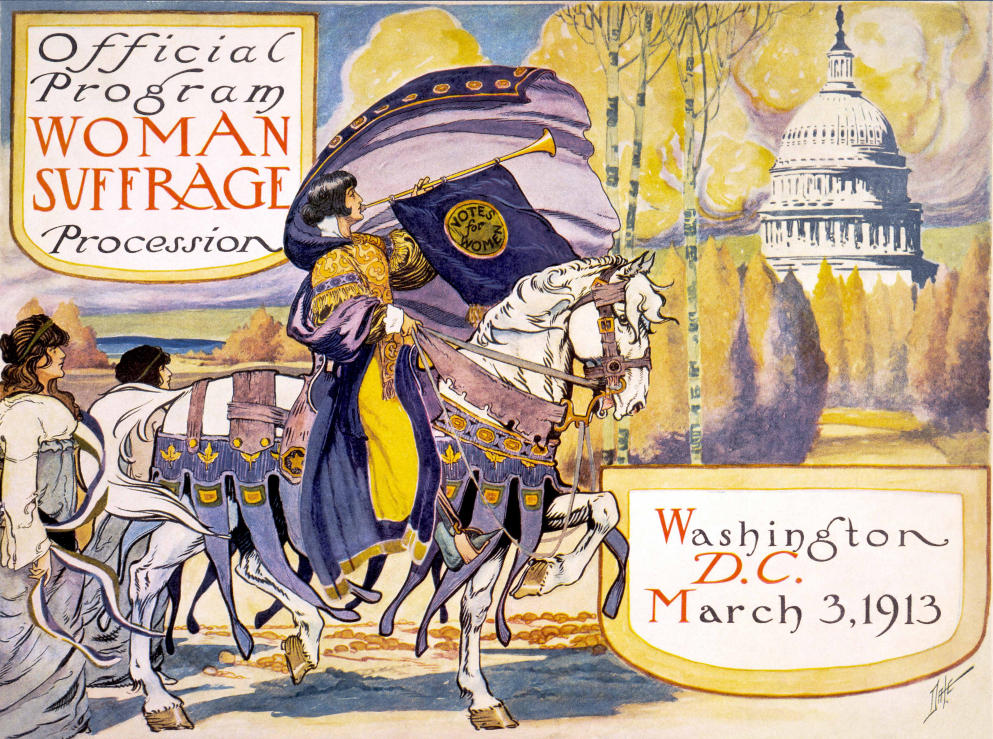 A massive and theatrical Women’s Suffrage procession was held in 
Washington, D.C. on March 3, 1913. It signaled a more active and urgent 
campaign for suffrage at the time of Woodrow Wilson’s first inauguration. 
Seven more years passed before ratification of the Nineteenth Amendment. 