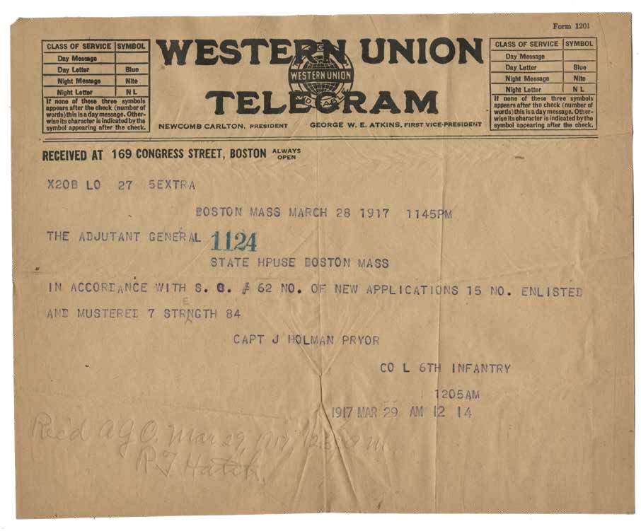 Western Union Telegram
reporting on Regimental
Strength