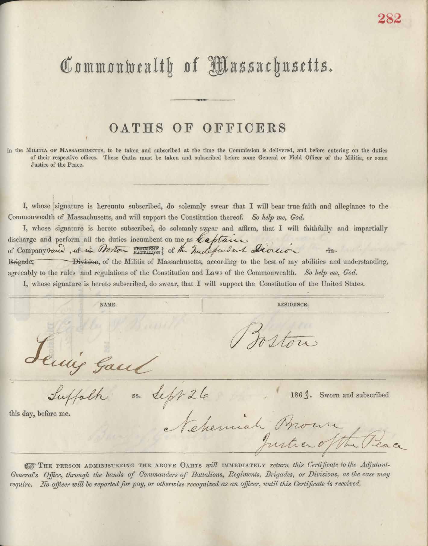 In 1863, Lewis Gaul was formally commissioned as captain of the first Black militia company in Massachusetts. Source: enlistment roll, 14th Unattached Company, 1863.