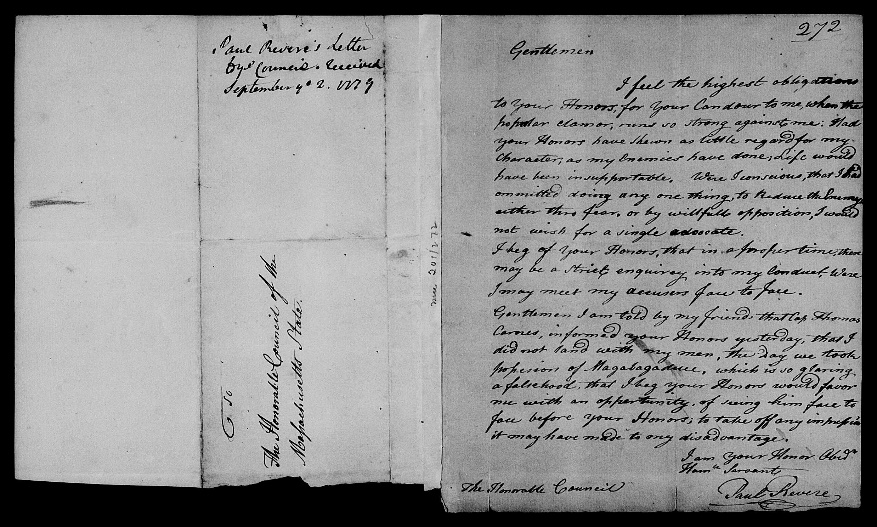 Revere letter to the Massachusetts House of Representatives requesting court martial.