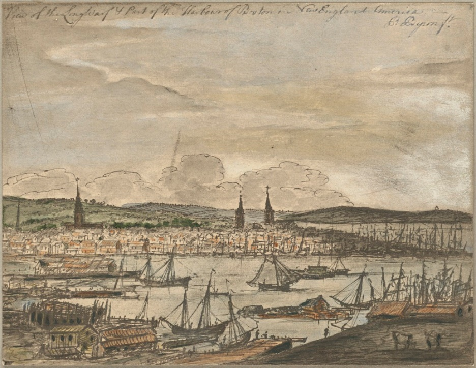 Illustration of ships in Boston Harbor.