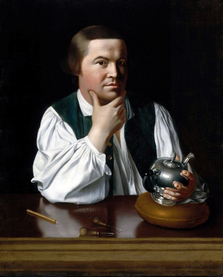 A portrait of Paul Revere holding a tea pot that he created.