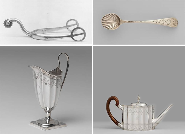 Spurs, a tea pot, a pitcher, and a spoon created by Paul Revere.