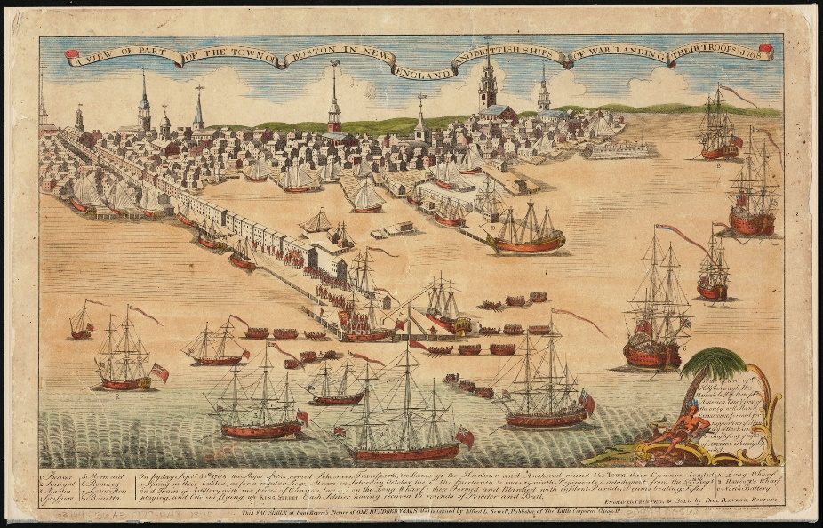 An image of the Revere's Landing of the Troops in Boston Harbor in 1768 print.