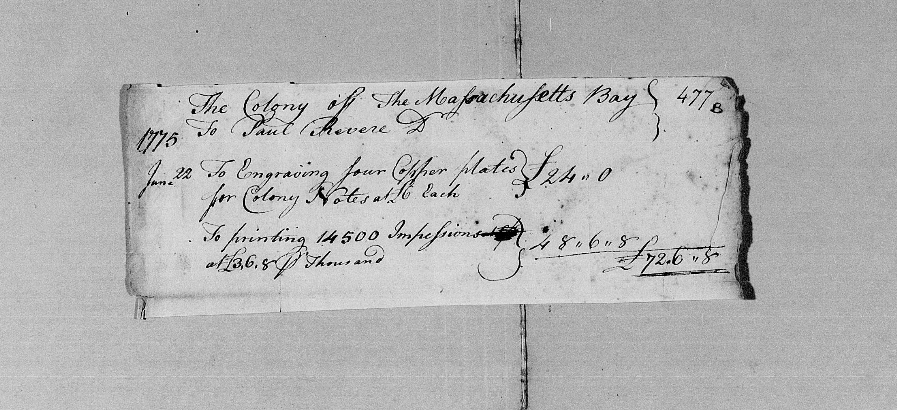 A bill for engraving four copper plates and printing 14,500 impressions of currency for the Massachusetts Bay Colony