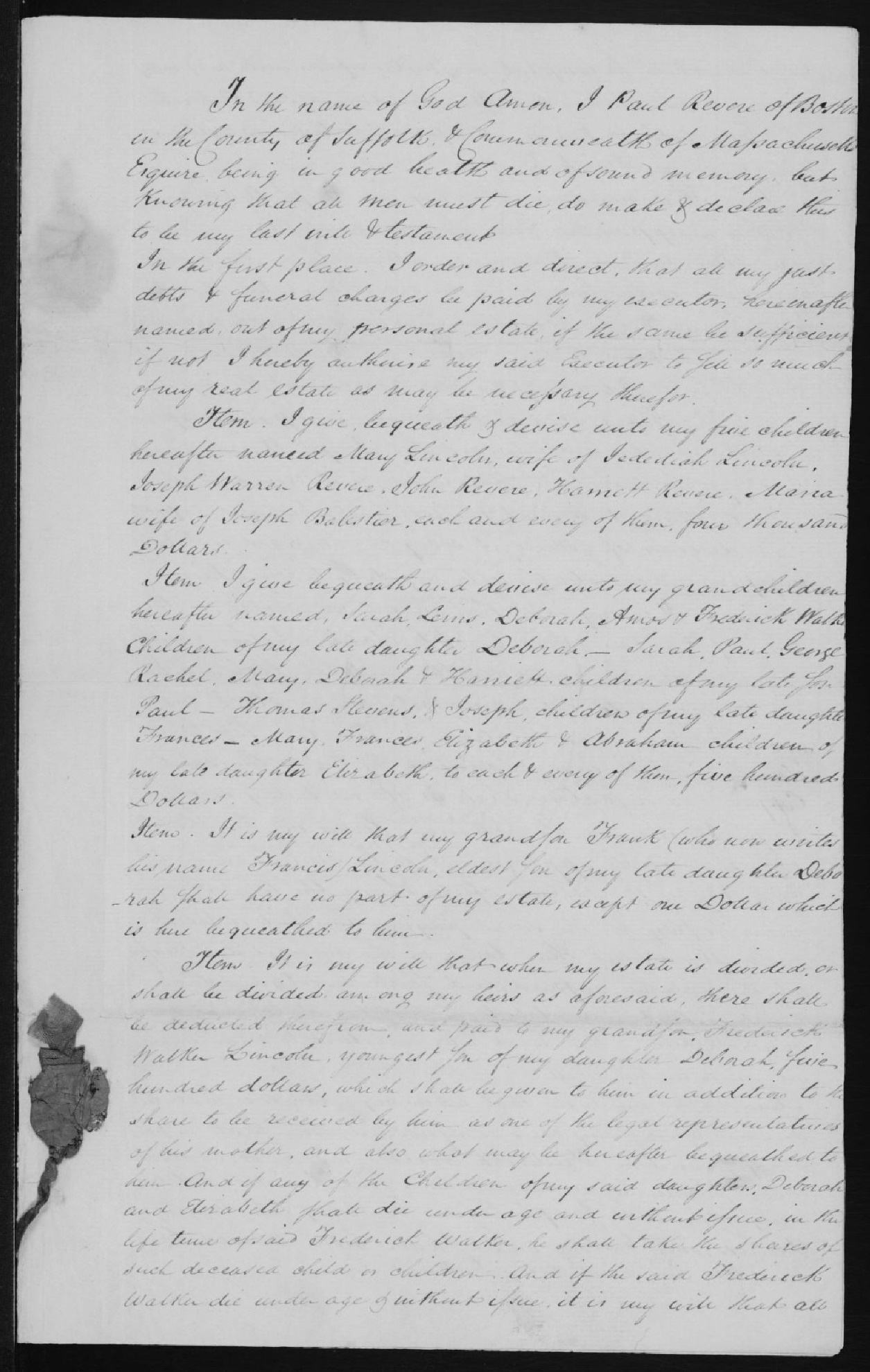 Page 1 of Paul Revere's will.